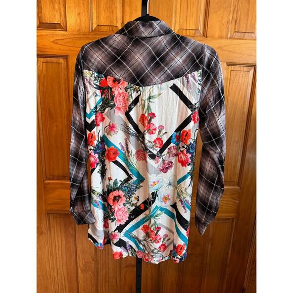 Tolina Plaid & Floral Mixed Media Tunic Shirt  XS – 100% Viscose has Pockets NEW - Picture 6 of 10